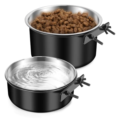Attachable Dog Bowls for Crates, ShineMe 40oz & 60oz Dog Kennel Food and Water Bowl, 7.1 x 3.7” & 6.3 x 2.6” Dogs Crate Bowls Hanging No Spill for Large or Medium Dogs, Set of 2 Black - color: Black (60oz+40oz)