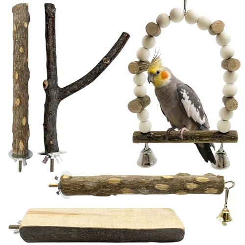 5Pcs Natural Wooden Bird Perch Set – Parrot Perch Toys, Bird Cage Perches, Cage Accessories for Budgies, Cockatiels, Lovebirds, Finches, and Other Small to Medium Birds - size: 5PCS-A