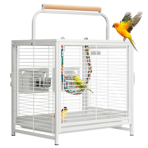VIVOHOME 19 Inch Wrought Iron Travel Bird Cage for Cockatiel Parakeets | Bird Travel Carrier Cage with Wooden Handle/Perch, Slide-out Tray for Small Parrots Conures Lovebirds Canaries Finches, White - color: White