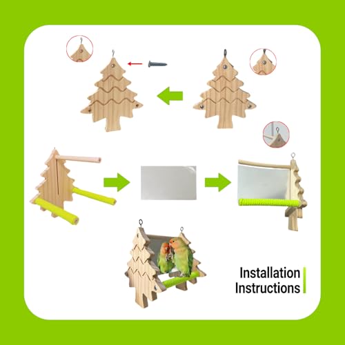 Bird Toys, Wooden Swing with Mirror and Perches for Cage, Bird Cage Accessories for Budgie, Lovebird, Green Cheek, Cockatiel, Conure, Quaker, Caique and Other Small to Medium Birds