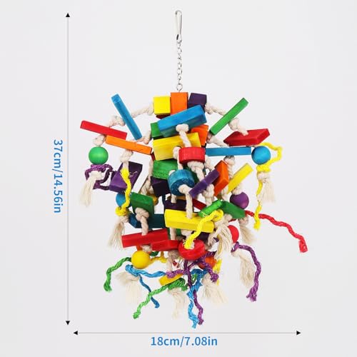 Colorful Parrot Chew Toy for Aggressive Chewers (Large) | Durable Bird Toy with Wood Blocks & Cotton Rope, 37cm Hanging Foraging Toy for Small to Large Parrots