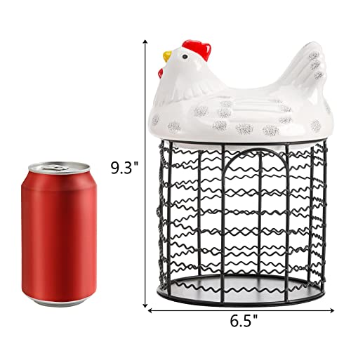 Hiceeden Metal Wire Chicken Egg Storage Basket, Decorative Fresh Egg Holder with Ceramic Chicken Design Lid, Portable Round Collectiong Basket for Kitchen Supplies, Pantry