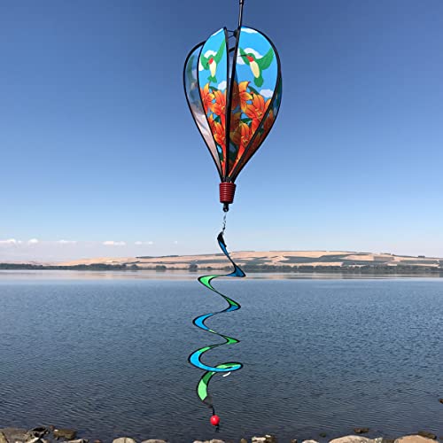 In the Breeze Hummingbird Lily 6-Panel Kinetic Hot Air Balloon Wind Spinner,11" W x 17" H, 26" Tail,1059 - color: Hummingbird Lily