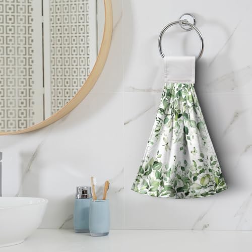 Eucalyptus Leaves Hanging Hand Towels Sage Green Leaf Kitchen Towels with Hanging Loop Spring Summer Floral Farmhouse Greenery Tea Dish Towels Soft Absorbent Fingertip Bath Tie Towels for Bathroom - color: Eucalyptus Green Leaf
