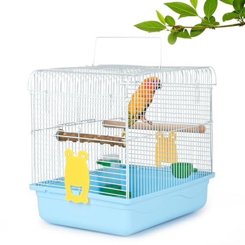 Small Bird Cage for Travel, Parrot Carrier with Handle 9.5"L x 12"W x 12"H | Sturdy, Easy to Clean & Install, Birdcages with Trays, Standing Perch, Feeder Cups for Smaller Birds Lovebird Parakeets, Blue - color: Blue