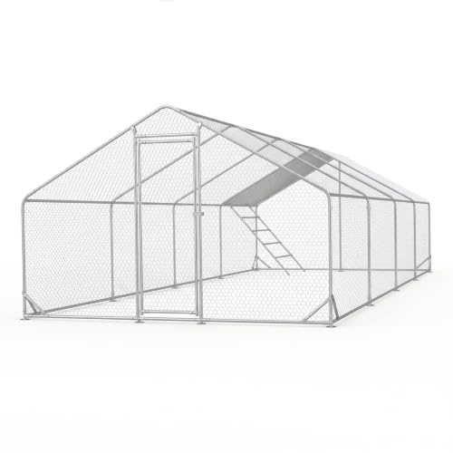 CHIKENCOOP 26x9.8x6.5 ft Metal Chicken Coop, Chicken Run with Cover | Four-room walk-in chicken run with waterproof UV-resistant spire roof cover, lockable steel door, and PVC-coated mesh. - size: 318.0"L x 118.0"W x 80.0"H