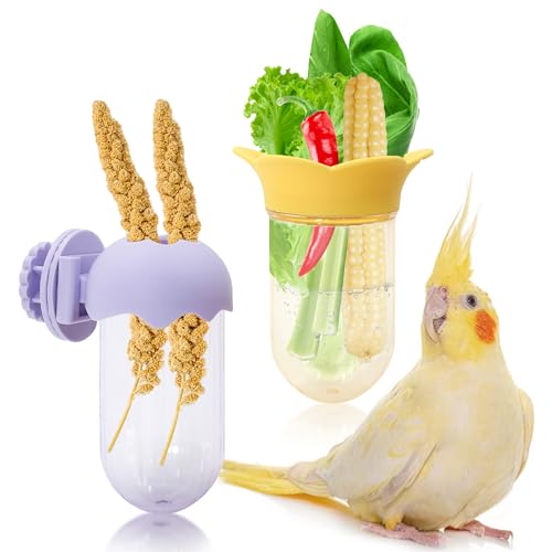 2Pcs Bird Veggie Feeders, with Water-Storage Design for Fresh Greens | Hanging Cage Feeder for Vegetables & Fruits, No Mess Millet Holder for Parakeet, Quick Clean Clip, No Spill Feeder for Parrot