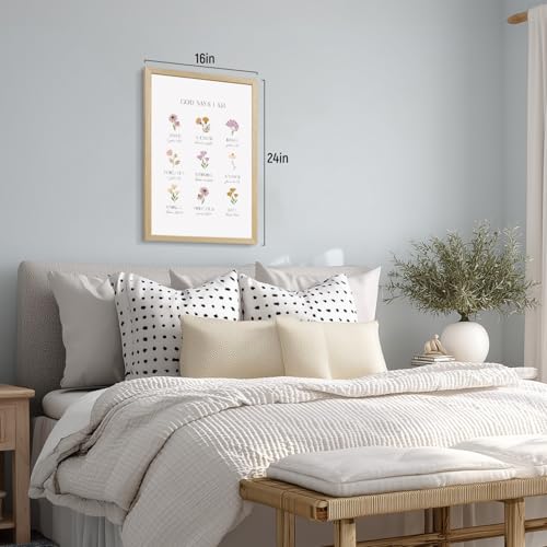 RLKHG Wood Framed God Says I Am Wall Art, Christian Scripture Nursery Wall Decor, Inspirational Bible Verse Poster Print, Floral Religious Faith Artwork for Baby Room Girls Bedroom 12x16 Inch - color: Floral, size: 16"L x 12"W