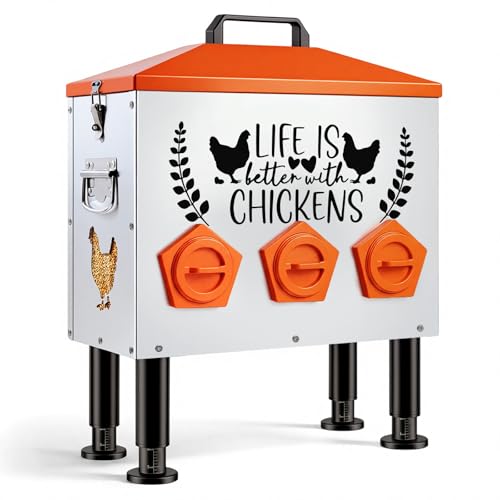 ‎Tgeyd 30 lb Metal Chicken Feeder, No-Waste Galvanized Feeder with 6 Feeding Ports, Adjustable Legs, Feed Level Window & Rainproof Roof Lid for Chickens, Ducks & Geese - size: 30LB