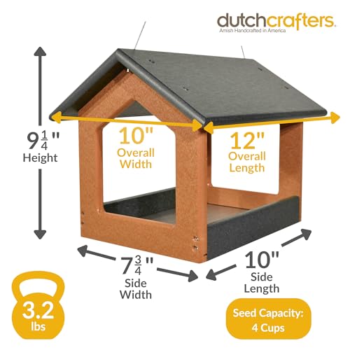 DutchCrafters Amish USA Made Recycled Plastic Large Hanging Modern Fly Through Covered Roof Open Platform Tray Bird Feeder for Outdoors, Garden, Yard (Black & Bright Cedar) - color: Black & Bright Cedar