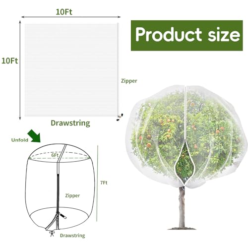 2Pcs 10X10ft Fruit Tree Netting Covers for Birds and Squirrels –Bird Nets for Fruit Trees with Zipper and Drawstring, Extra Large Durable Mesh Garden Netting to Protect Fruit Trees - size: 10 X10ft
