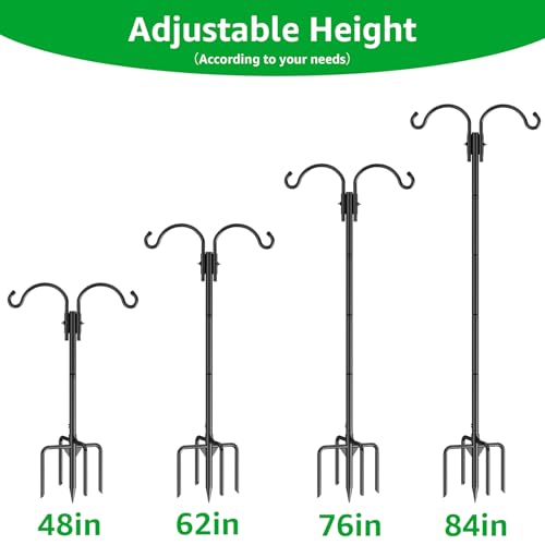 GOFORWILD 2 Pack Adjustable 84inch Double Shepherds Hook for Outdoor | Metal Bird Feeder Pole with 5-Prong Base for Hanging Bird Nest, Plant Basket,Lantern,Solar Light - size: 84 Inch