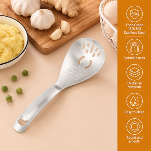 Multifunctional 5-in-1 Cooking Spoon with Cleaning Brush, 18/8 304 Stainless Steel Slotted Spoon, Kitchen Utensil for Potato Masher, Egg Separator, Bottle Opener, Mixing Stirrer