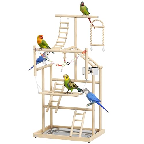 PawHut Bird Playground 4 Layer Wooden Parrot Play Stand for Parakeets | Ladders, Chain Toy, Stainless Steel Cups and Tray, Bird Cage Accessories, for Cockatiels, Finches, Lovebirds, Budgie