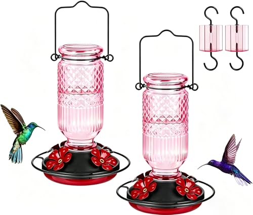 Glass Hummingbird Feeder for Outdoors Hanging, 16 OZ Humming Bird Feeders with 4 Bee Guard Feeding Ports & Built-in Ant Moat, Hummingbird Gifts for Mom Bird Feeder for Outside, Pink,2 Pack - color: Pink