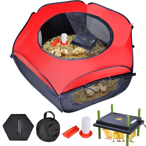Tetuga Brooder Box for Chick Starter Kit with 10x 12” Brooder Heating Plate | Chicken Brooder Pen All-In-1 Bundles with Chicken Feeder, Waterer, Up to 15 Chicks, Ducks & Quail, Indoor & Outdoor Use, Red - color: Chicken Brooder Tent Bundles,Red