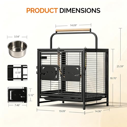 VINGLI Small Bird Cage, 19 inch Travel Carrier Bird Cage with Handle, Wrought Iron Parakeet Cage with Wooden Perch for Parrot Lovebirds Finches Small/Medium Birds (Matte Black) - color: Matte Black