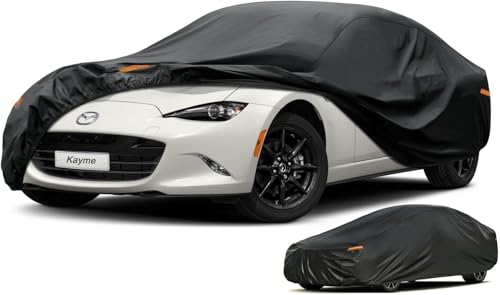 Kayme Sports Car Cover Waterproof All Weather - See Size Chart - Size C1 | Accurate Fit, Heavy Duty for Automobiles, Outdoor Sun Rain Snow UV Protection. Soft Cotton, Driver Door Zipper, Storage Bag - color: PE-Black, size: 1 C1 Fit Small Car/Sports-Lengt