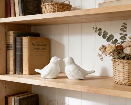 Set of 2 Ceramic White Bird Figurines, 3.75 Inch Modern Bird Statues Home Decor, Cute Small Knick Knacks for Shelf, Office, Living Room, Bathroom, Kitchen, Housewarming Gift - color: White