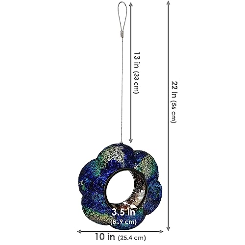 Sunnydaze Mosaic Glass Bird Feeder, Fly-Through, Indigo Flower Mosaic | 10" Small Unique Hanging Bird Feeder for Outdoors, Drainage Hole, Weather-Resistant, Birdfeeder for Cardinals, Jays, Finches - color: Indigo Flower Mosaic