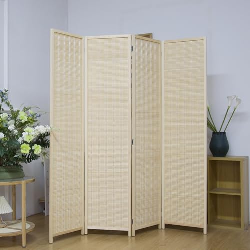 4 Panel Bamboo Room Divider Screen,5.6 FT Tall Bamboo Divider Folding Privacy Screen,Freestanding Panel Divider for Room Seperation,Beige - color: Beige, size: 4 Panel