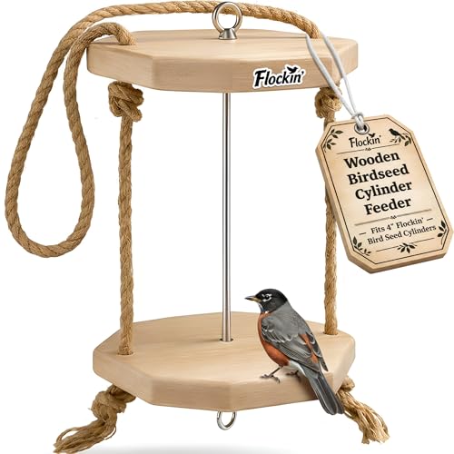 Cylinder Bird Feeder for Outdoors - Weather Resistant Bird Seed Holder | Wood Bird Feeder, Holds Bird Seed Cylinders, Logs & Cakes, Bird Safe Protective Coating, 360° Feeding, Easy to Clean