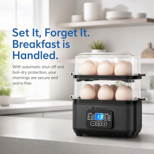 Tesslux Egg Cooker, Dual Layer 12 Egg Boiler, Soft Hard Poached, Black | LED Countdown Timer, Touch Control, Poaching Bowl, Omelet Maker, Two Trays, Vegetable Steamer, Auto Shut-Off, Buzzer Alert - color: Black