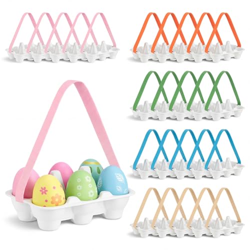 24 Pack Easter Egg Cartons with Colorful Handles, 6 Count Reusable Egg Holder Container Basket, Half Dozen Cardboard Decor Carton for Easter Outdoor Activities DIY Crafts Gifts Projects