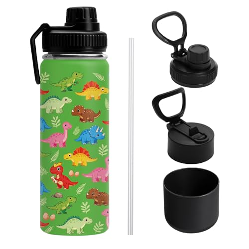Dinosaur 18oz Water Bottle, with 2 Lids Handle, Insulated Sport Cup | 18oz Stainless Steel Travel Tumbler, Reusable Leak proof Anti Slip Boot Mug,Christmas Birthday Dinosaur Gift for Son - color: Dinosaur1