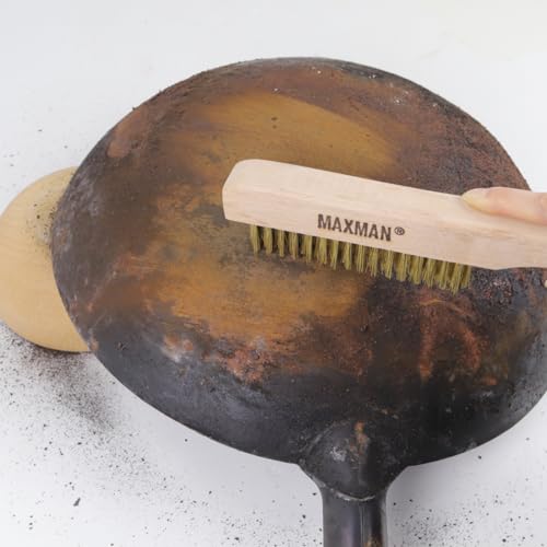 MAXMAN Brass Brush, Heavy Duty Brass Wire Brush Set 2Pcs, Metal Brush, Wire Brushes for Cleaning Rust with 10" Curved Beechwood Handle - style: 2Pcs Brass Brushes