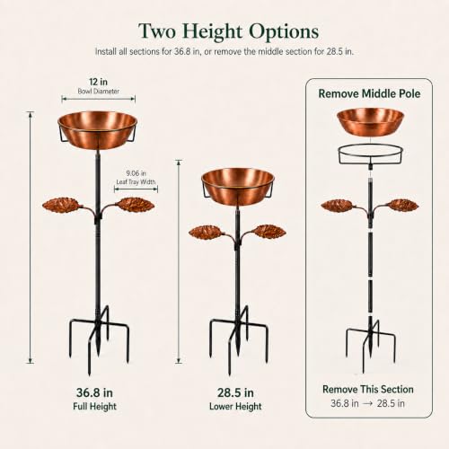 Metal Bird Bath and Feeder for Outdoors, 36.8 Inch, Removable 12 Inch Bowl | 12 inch removable bowl, dual leaf feeder trays, 36.8 and 28.5 inch height options, five-point ground support base
