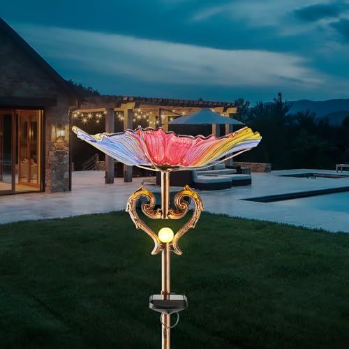 Garden Decor Gifts Solar Glass Blue Bird Bath Yard Art Garden Outdoor Birdbath with Metal Stake with White LED Light Metal Stake Garden for Women - color: Multicolor
