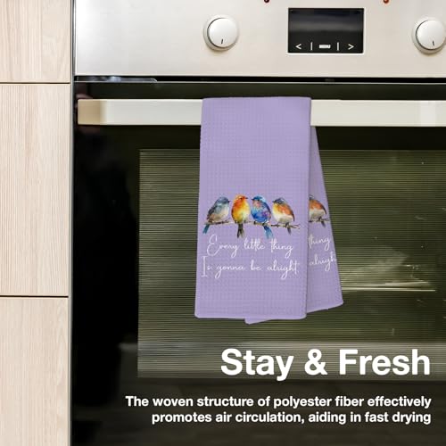 Every Little Thing is Gonna Be Alright Kitchen Towels 16x24 Inch, Sparrow Bird Gifts for Bird Lovers Women, Inspirational Quotes Tea Hand Towels(Purple) - color: Purple