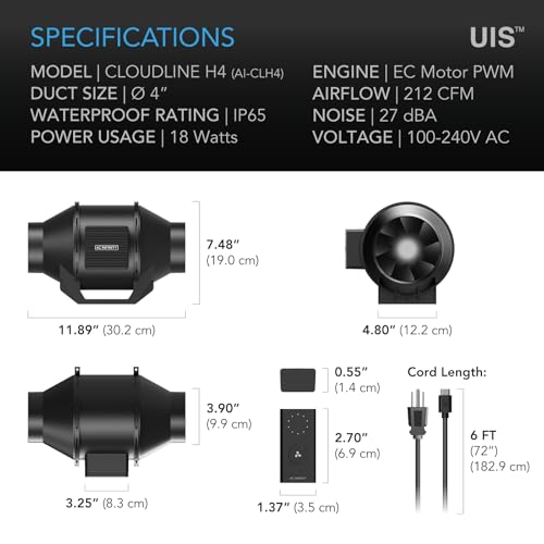 AC Infinity CLOUDLINE H4, Quiet 4” Inline Duct Fan with Speed Controller, IP65-Rated Ventilation Exhaust Fan in Grow Tents, Mushroom Fruiting Chambers for Propagation and Fungiculture | Humidity Proof IP65-Rated Ventilation Exhaust Fan in Grow Tents, Mush