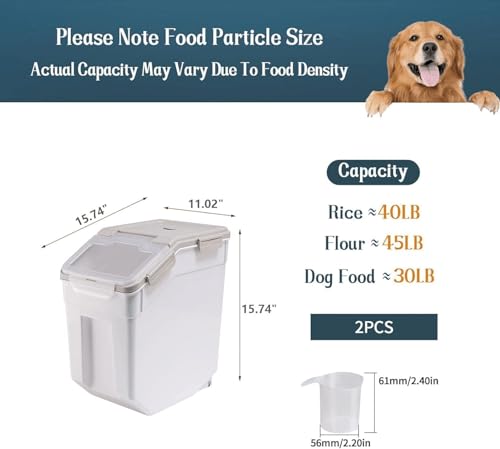 2 Pack Rice Storage Container with Measuring Cup 50 lb Flour Storage Container with Wheels, BPA Free Food Storage Container Dog Cat Food Bin Set for Dry Food Sugar, Cereal(Gray) - color: Gray 2Pack 50Lb