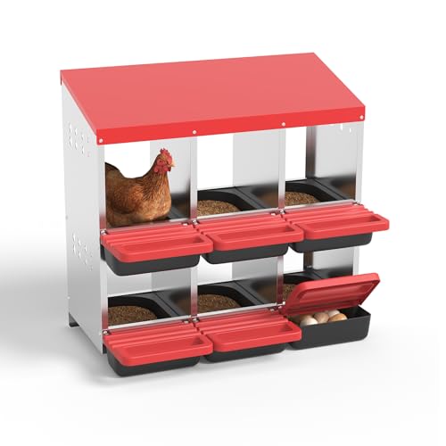 Garvee 6-Hole Chicken Nesting Box with Removable Lid, Metal Chicken Coop with Roll Away Design/Easy Egg Collection/Ventilation Holes, for Chicken Coops, Duck Coops and Hens (RED) - color: RED, size: 6-Hole