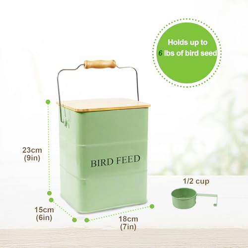 Metal Bird Seeds storage container,Outdoor Bird Container Canister, Pet Food Bin with Wooden Lid/Handle/Food scoop,hold 5-6 Lbs of Wild Bird Seed Sunflower Seed-Preventing Squirrels-Green - color: Green