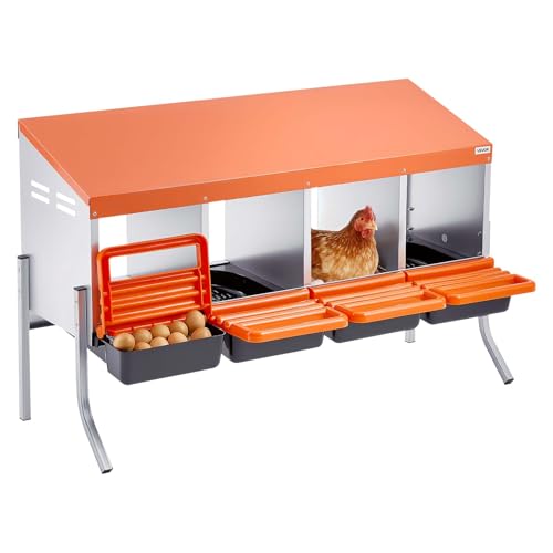 VEVOR Chicken Nesting Boxes, 4 Compartments, with Support Legs, Easy Egg Collection, Galvanized Steel and High-Strength Plastic, Roll Away Nesting Boxes for Chickens and Hens Laying Eggs, Orange - size: 41.7"L x 20.7"W x 26.6"H