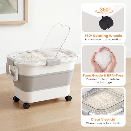 30 Lbs Rice Container, Collapsible Dog Food Storage Container | Airtight Cat Food Container with Wheels, Transparent Lid, Measuring Cup, Scoop and Handle, BPA Free for Pet Food, Bird Seed - size: 29lbs