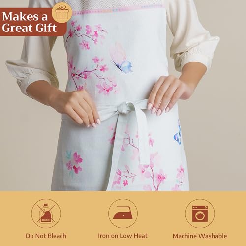 Maison d' Hermine Aprons for women with Pocket 100% Cotton (27.50"x31.50") | Adjustable Neck Strap & long ties Apron Men Chef Wedding Cooking Gardening Server Maid - color: 053 - Blossoms in Spring