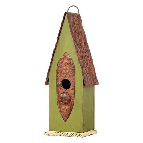 Glitzhome Bird Houses for Outside, 13.25" H Distressed Green Solid Wood Bird House Pet Cottage Hand Painted Hanging Bird House for Outdoors - color: Green