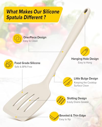 Pack of 2 Silicone Spatula Turners, Non Stick Slotted Kitchen Spatula Set, Heat Resistant BPA Free Kitchen Utensils, One-Piece Design, Suitable for Flipping Fish, Eggs, Steak, Pancakes(KHAKI) - color: Khaki