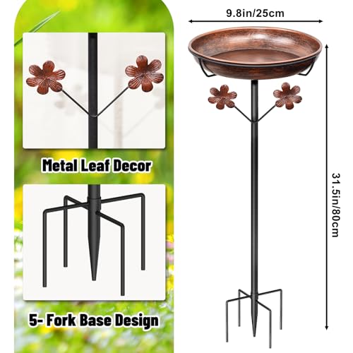 Metal Bird Bath for Outside, Freestanding Birdbaths Bowl Outdoor with Iron Stake, Vintage Spa Birdfeeder Bowl for Garden Patio Yard Lawn Decor, Easy to Clean - color: Vintage Brown, Flowers