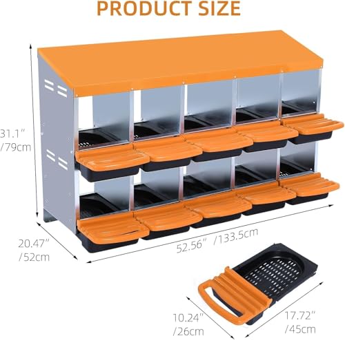 10-Hole Chicken Nesting Box with Removable Lid, Metal Chicken Coops with Roll Away Design/Easy Egg Collection/Ventilation Holes, for Chickens Coops, Duck and Hens - color: Orange, size: 10 holes without legs