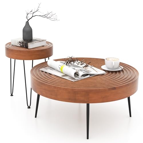 COSTWAY Farmhouse Round Coffee Table Set of 2, Rustic Sofa Side Tea Tables w/Wood Finish, Metal Frame, Adjustable Foot Pads, Nesting End Table Set for Living Room, Bedroom (Ring Pattern, Brown) - color: Brown, style: Ring Pattern