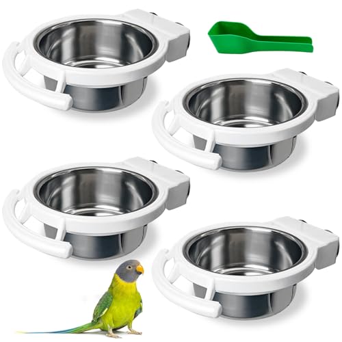 BNOSDM Hanging Stainless Steel Bird Bowls 4 PCS Bird Feeding Dish Cups with Perch Stand Parrot Food Container Food and Water Bowls with Spoon for Budgie Cockatoo Finch Lovebirds Pigeons (White) - color: 4 Pcs White