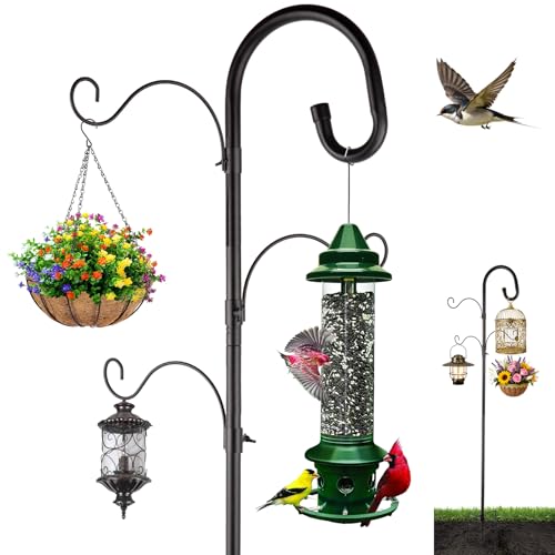 4-Hook Shepards Hooks for Outdoor,Adjustable 92 Inch Bird Feeder Pole with 5 Base Prongs,Garden Planter Stakes Suitable for Garden in Hanging Flower Basket,Lantern,Outdoor Décor