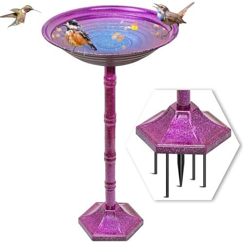 Metal Bird Bath for Outdoors, 28.4" Freestanding Garden Metal Birdbaths with Stable Upgrades Stake, Easy to Clean Birdfeeder for Outside Garden Yard Lawn Decor(Gradient Purple) - color: Gradient Purple