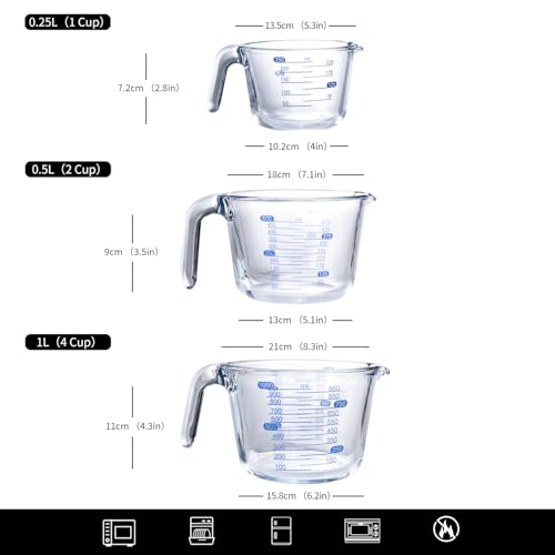 Clear Glass Measuring Jug 3 Pack Kitchen Measuring Cups with Scale | With scale, matched egg beater & flour measurer, dishwasher safe. Sizes:250ml,500ml,1000ml - color: Transparent