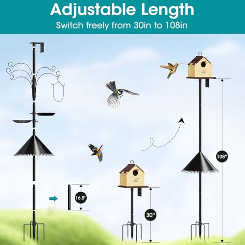 108 Inch Bird Feeder Pole Squirrel Proof, Heavy Duty Bird House Pole, Adjustable Bird Feeder Stand with 5 Shepherds Hooks, 2 Mental Trays, Hummingbird Swing